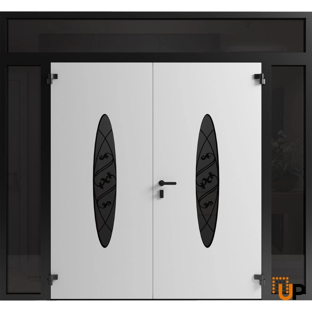Double swing metal-aluminum modern exterior door with clear-mirrored glass | Ronex 1277 Black Enamel | 104 x 92 (16+72+16 x 80+12) photo#2