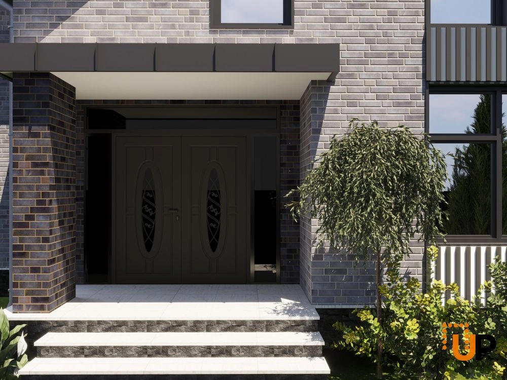 Double swing metal-aluminum modern exterior door with clear-mirrored glass | Ronex 1277 Black Enamel | 104 x 110 (16+72+16 x 96+14) photo#3