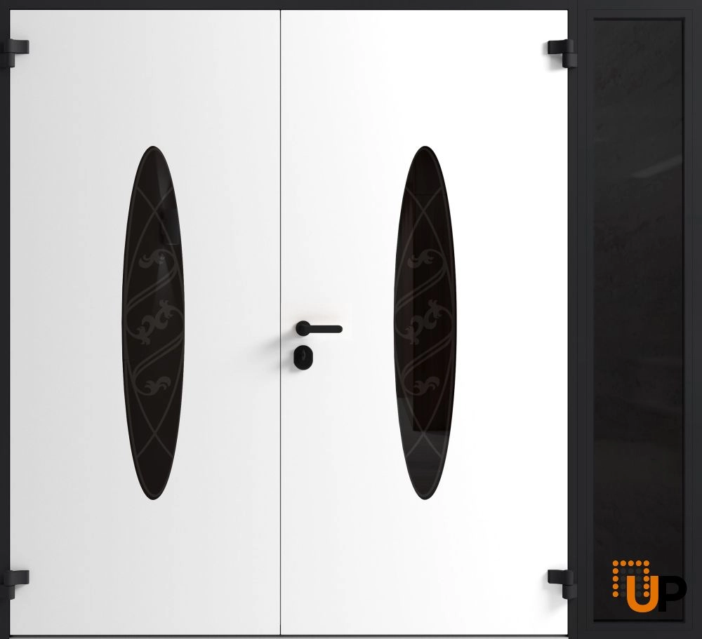 Double swing metal-aluminum modern exterior door with clear-mirrored glass | Ronex 1277 Black Enamel | 84 x 96 (72+12 x 96) photo#2