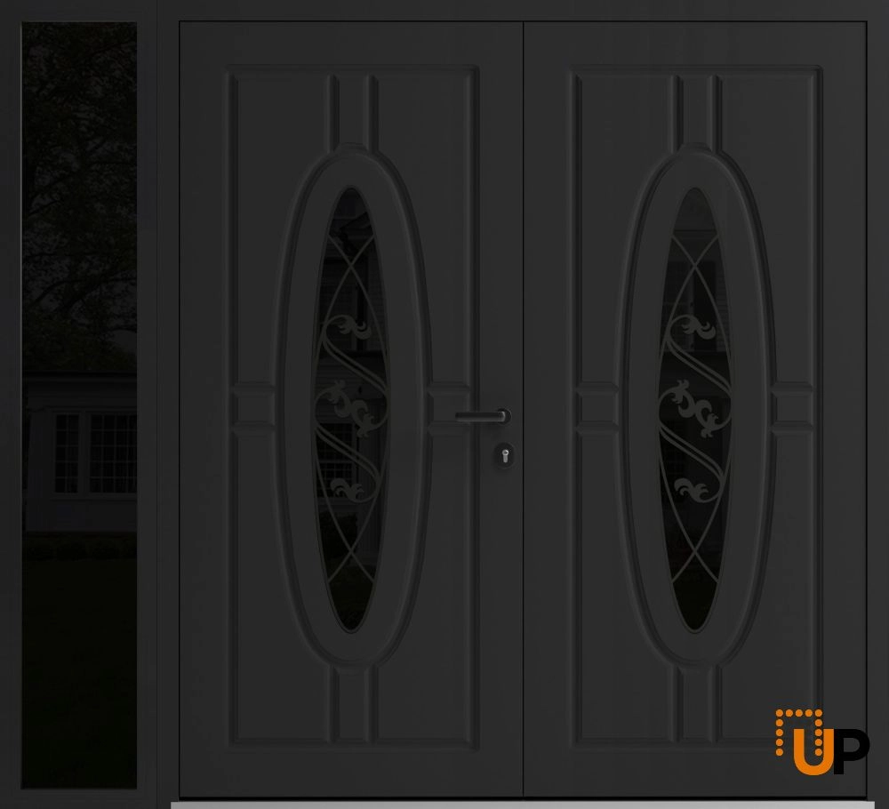 Double swing metal-aluminum modern exterior door with clear-mirrored glass | Ronex 1277 Black Enamel | 86 x 80 (72+14 x 80) photo#1