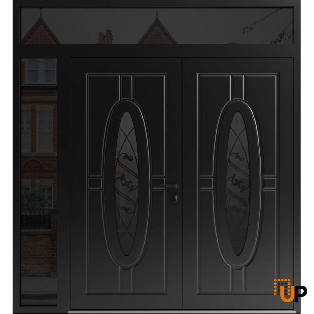 Double swing metal-aluminum modern exterior door with clear-mirrored glass | Ronex 1277 Black Enamel | 86 x 108 (72+14 x 96+12) photo#1