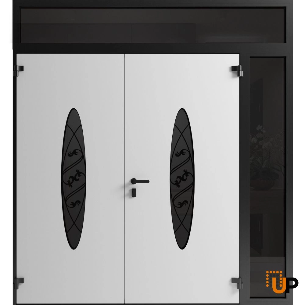 Double swing metal-aluminum modern exterior door with clear-mirrored glass | Ronex 1277 Black Enamel | 86 x 108 (72+14 x 96+12) photo#2