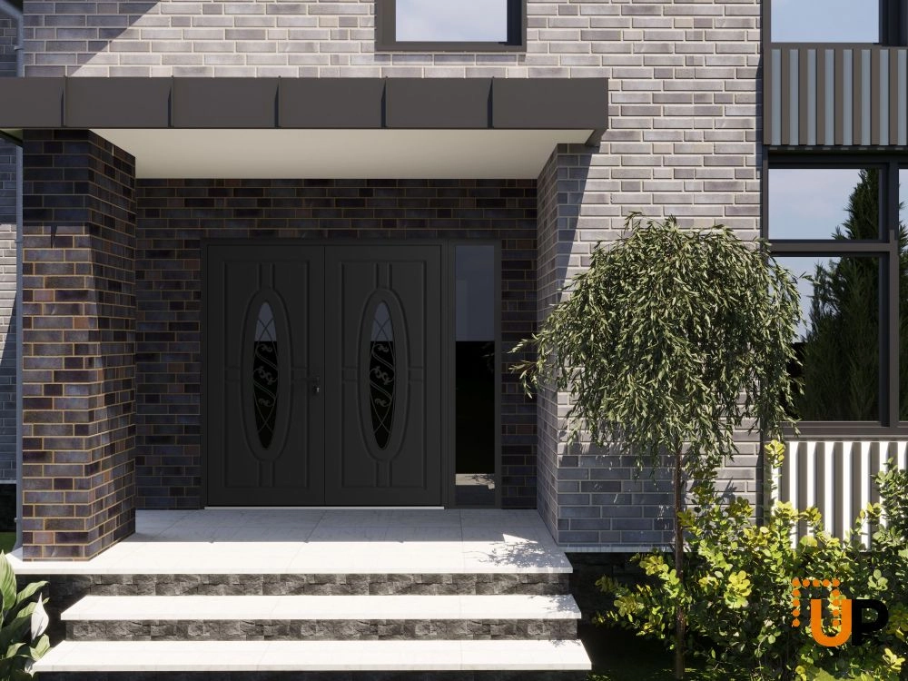 Double swing metal-aluminum modern exterior door with clear-mirrored glass | Ronex 1277 Black Enamel | 88 x 96 (72+16 x 96) photo#3