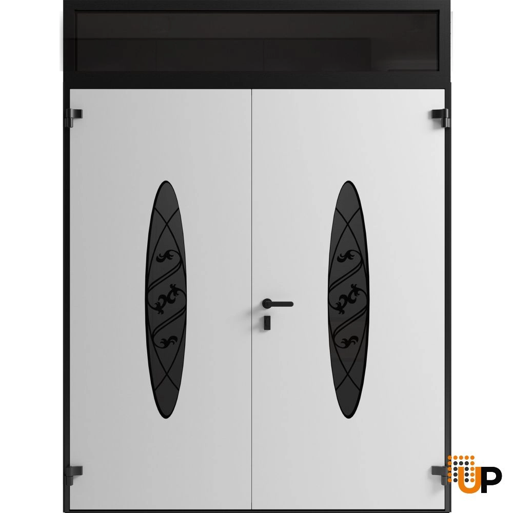 Double swing metal-aluminum modern exterior door with clear-mirrored glass | Ronex 1277 Black Enamel | 72 x 92 (72 x 80+12) photo#2