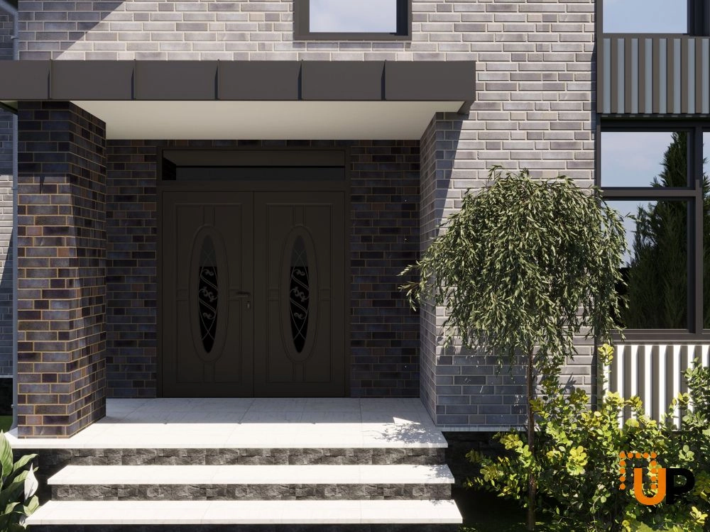 Double swing metal-aluminum modern exterior door with clear-mirrored glass | Ronex 1277 Black Enamel | 72 x 108 (72 x 96+12) photo#3