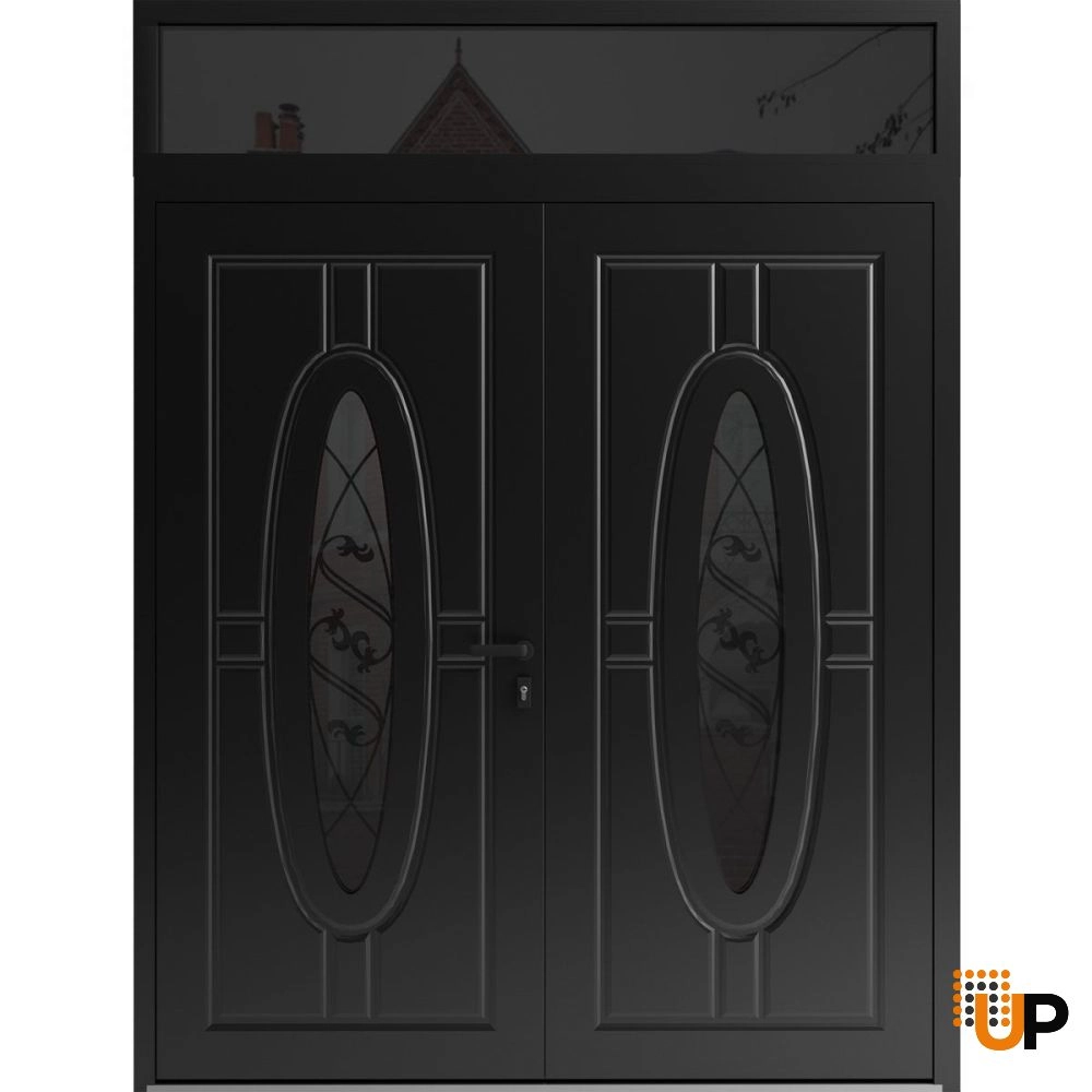 Double swing metal-aluminum modern exterior door with clear-mirrored glass | Ronex 1277 Black Enamel | 72 x 110 (72 x 96+14) photo#1