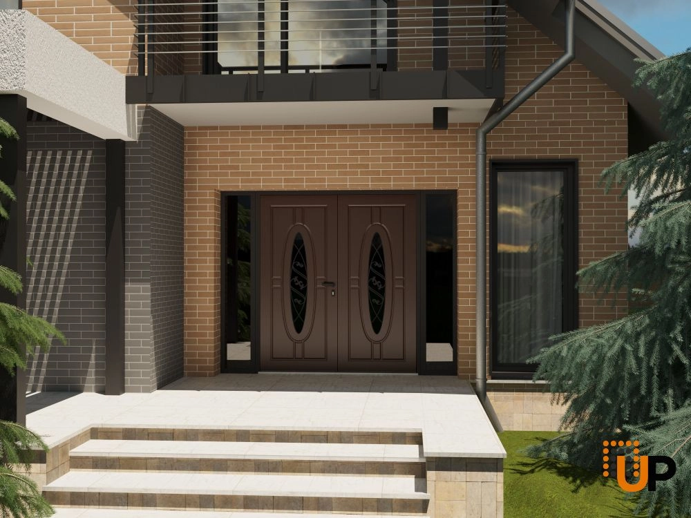 Double swing metal-aluminum modern exterior door with clear-mirrored glass | Ronex 1277 Red Oak | 96 x 96 (12+72+12 x 96) photo#3