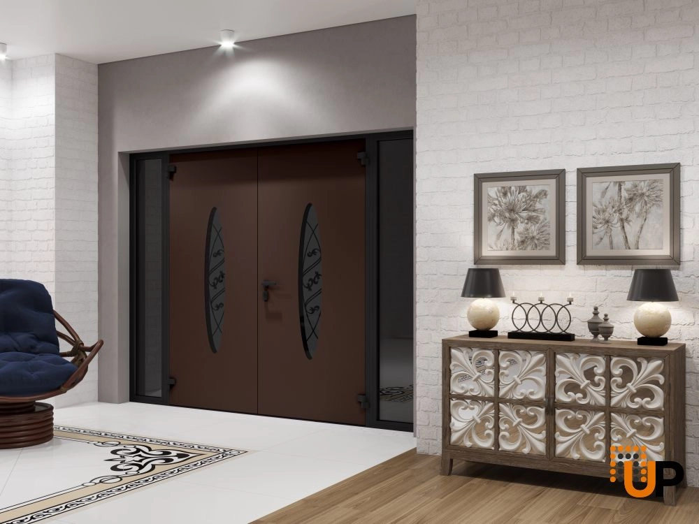 Double swing metal-aluminum modern exterior door with clear-mirrored glass | Ronex 1277 Red Oak | 96 x 96 (12+72+12 x 96) photo#4