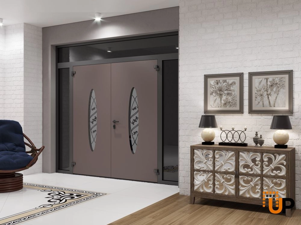 Double swing metal-aluminum modern exterior door with clear-mirrored glass | Ronex 1277 Red Oak | 100 x 94 (14+72+14 x 80 +14) photo#4