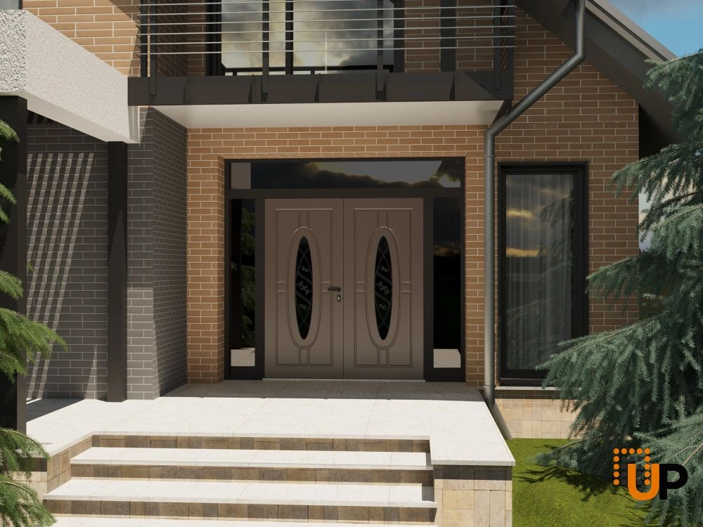 Double swing metal-aluminum modern exterior door with clear-mirrored glass | Ronex 1277 Red Oak | 100 x 96 (14+72+14 x 80+16) photo#3