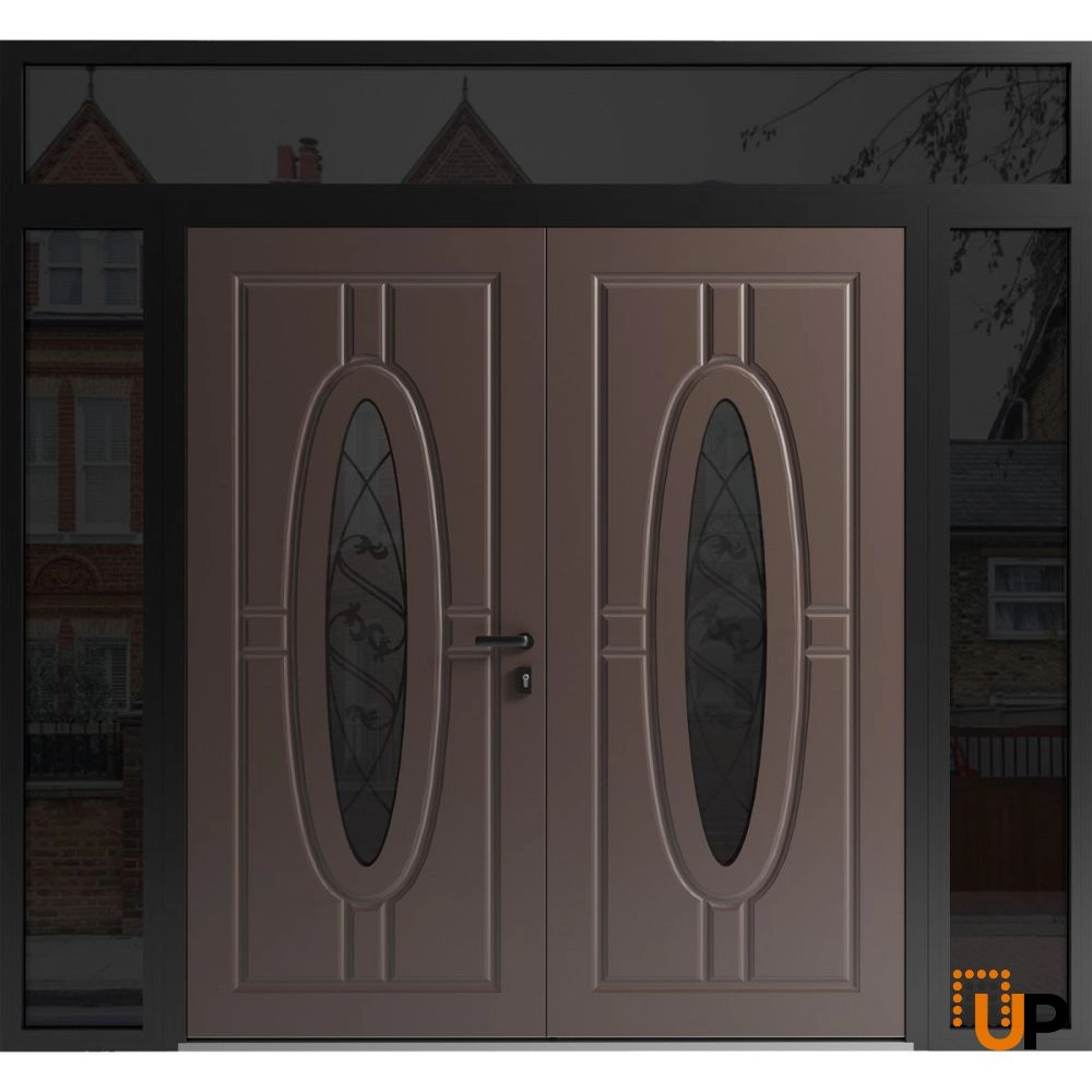 Double swing metal-aluminum modern exterior door with clear-mirrored glass | Ronex 1277 Red Oak | 104 x 94 (16+72+16 x 80+14) photo#1
