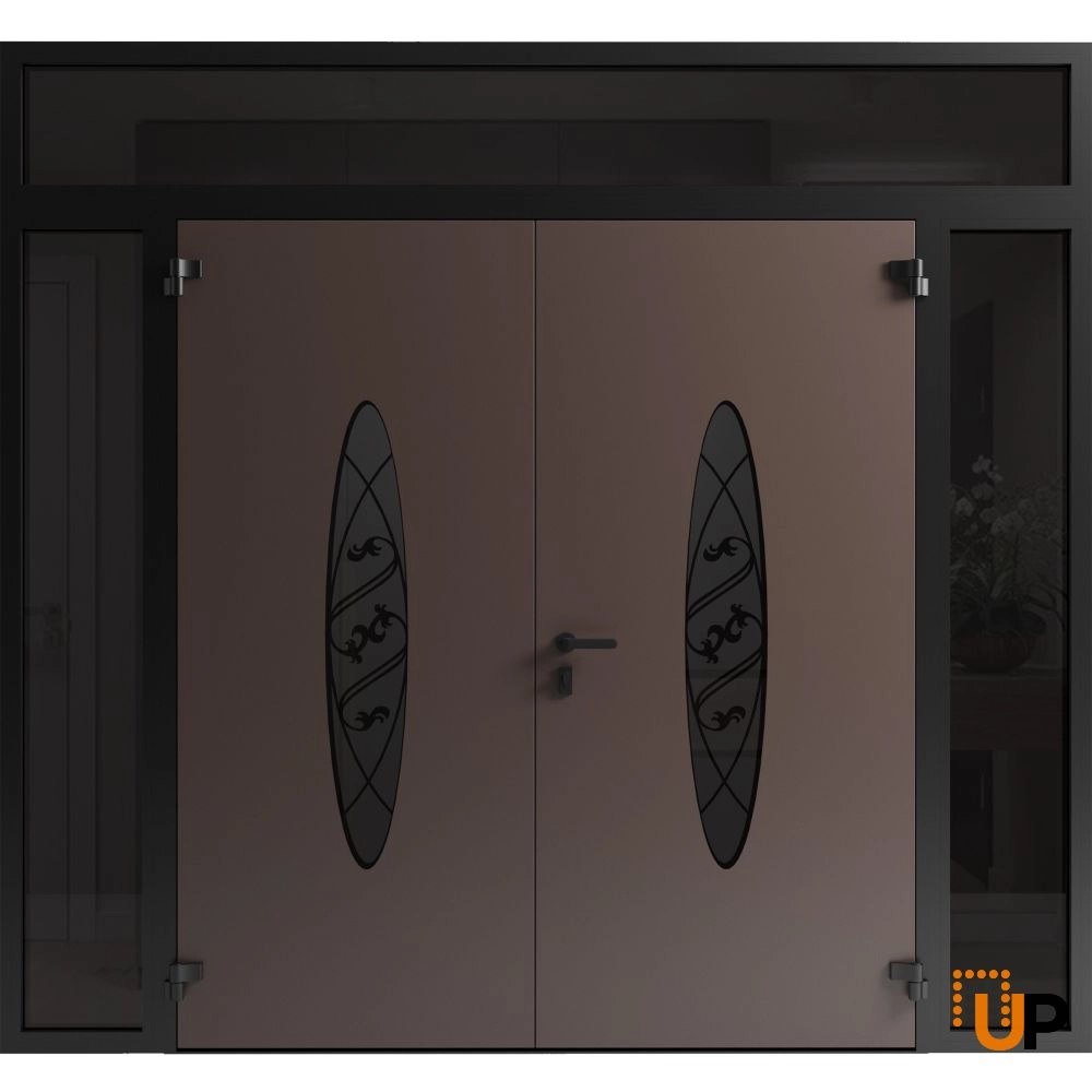 Double swing metal-aluminum modern exterior door with clear-mirrored glass | Ronex 1277 Red Oak | 104 x 94 (16+72+16 x 80+14) photo#2