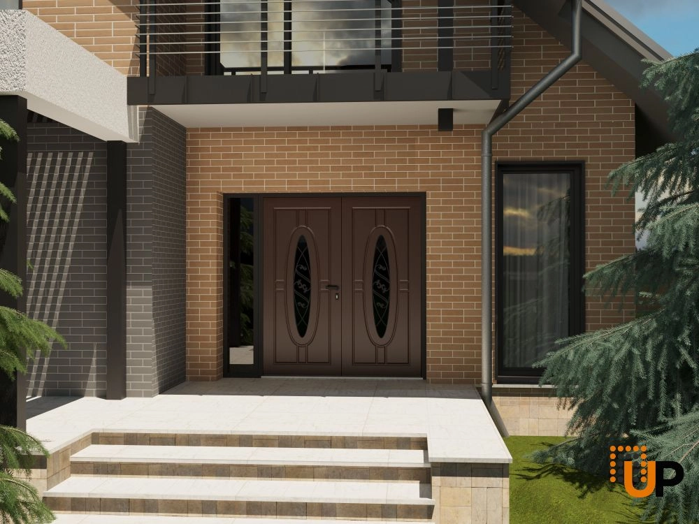 Double swing metal-aluminum modern exterior door with clear-mirrored glass | Ronex 1277 Red Oak | 84 x 80 (72+12 x 80) photo#3