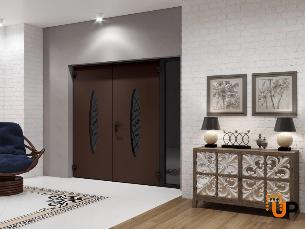 Double swing metal-aluminum modern exterior door with clear-mirrored glass | Ronex 1277 Red Oak | 84 x 80 (72+12 x 80) photo#4