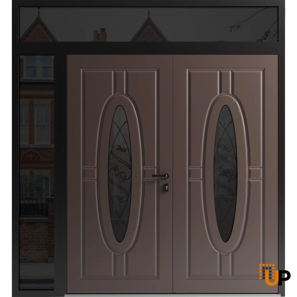 Double swing metal-aluminum modern exterior door with clear-mirrored glass | Ronex 1277 Red Oak | 84 x 92 (72+12 x 80+12) photo#1