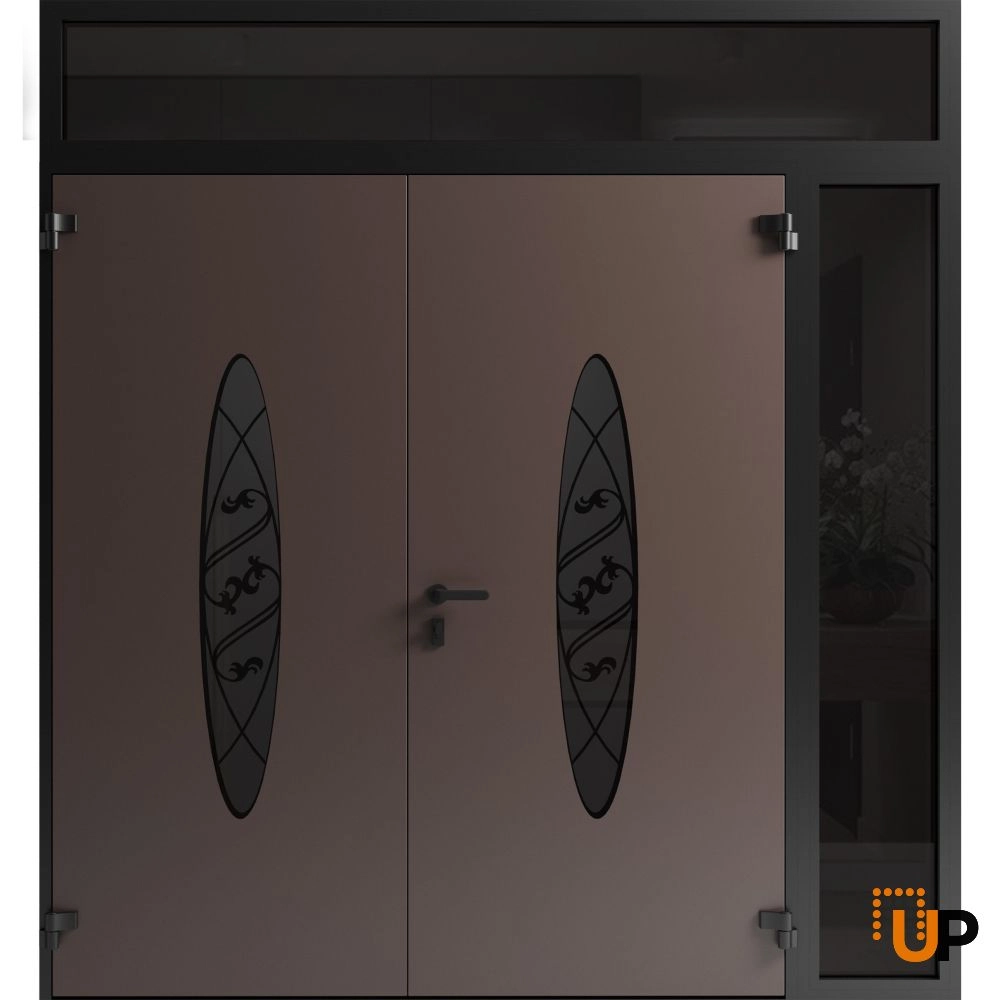 Double swing metal-aluminum modern exterior door with clear-mirrored glass | Ronex 1277 Red Oak | 84 x 110 (72+12 x 96+14) photo#2