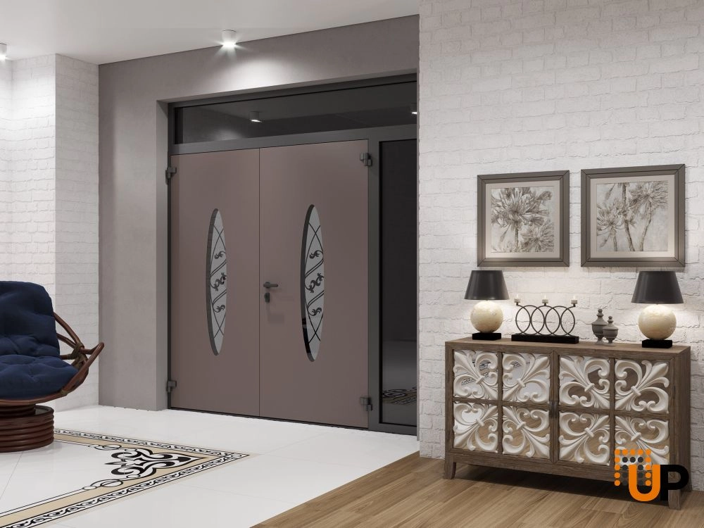 Double swing metal-aluminum modern exterior door with clear-mirrored glass | Ronex 1277 Red Oak | 86 x 110 (72+14 x 96+14) photo#4