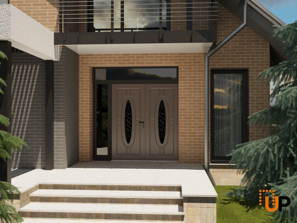 Double swing metal-aluminum modern exterior door with clear-mirrored glass | Ronex 1277 Red Oak | 88 x 110 (72+16 x 96+14) photo#3