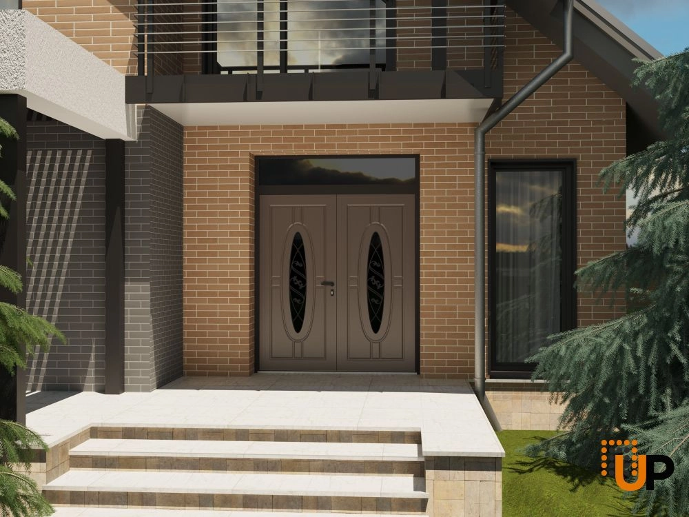 Double swing metal-aluminum modern exterior door with clear-mirrored glass | Ronex 1277 Red Oak | 72 x 92 (72 x 80+12) photo#3