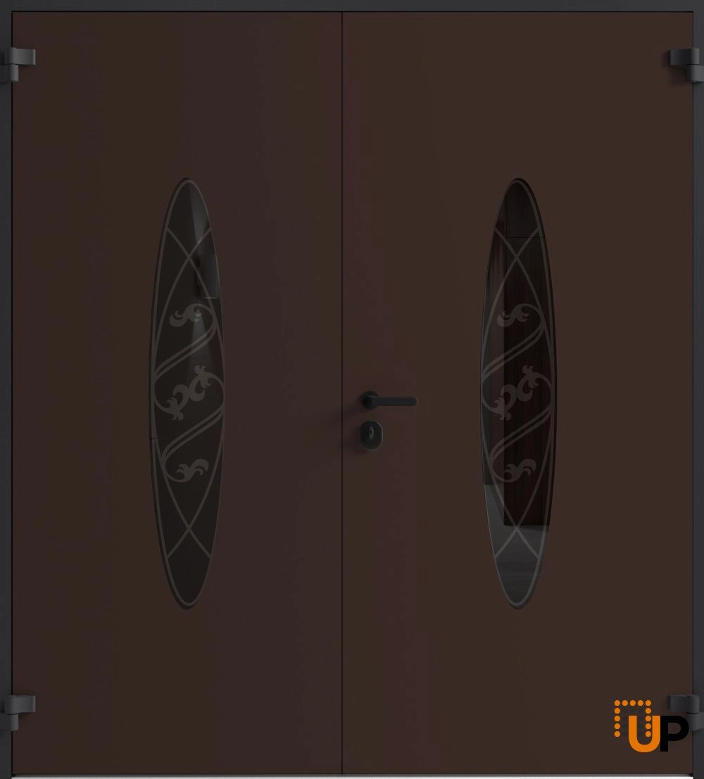 Double swing metal-aluminum modern exterior door with clear-mirrored glass | Ronex 1277 Red Oak | 72 x 96 (72 x 96) photo#2