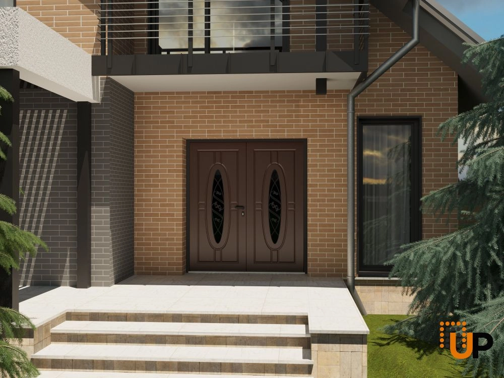 Double swing metal-aluminum modern exterior door with clear-mirrored glass | Ronex 1277 Red Oak | 72 x 96 (72 x 96) photo#3