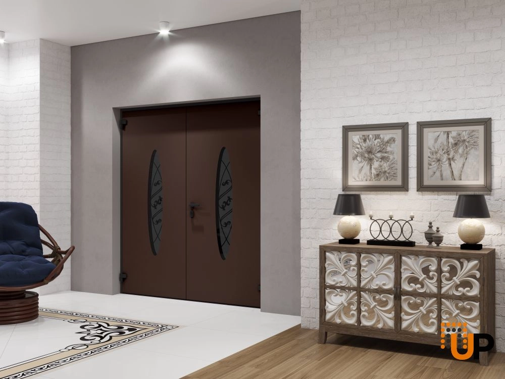 Double swing metal-aluminum modern exterior door with clear-mirrored glass | Ronex 1277 Red Oak | 72 x 96 (72 x 96) photo#4