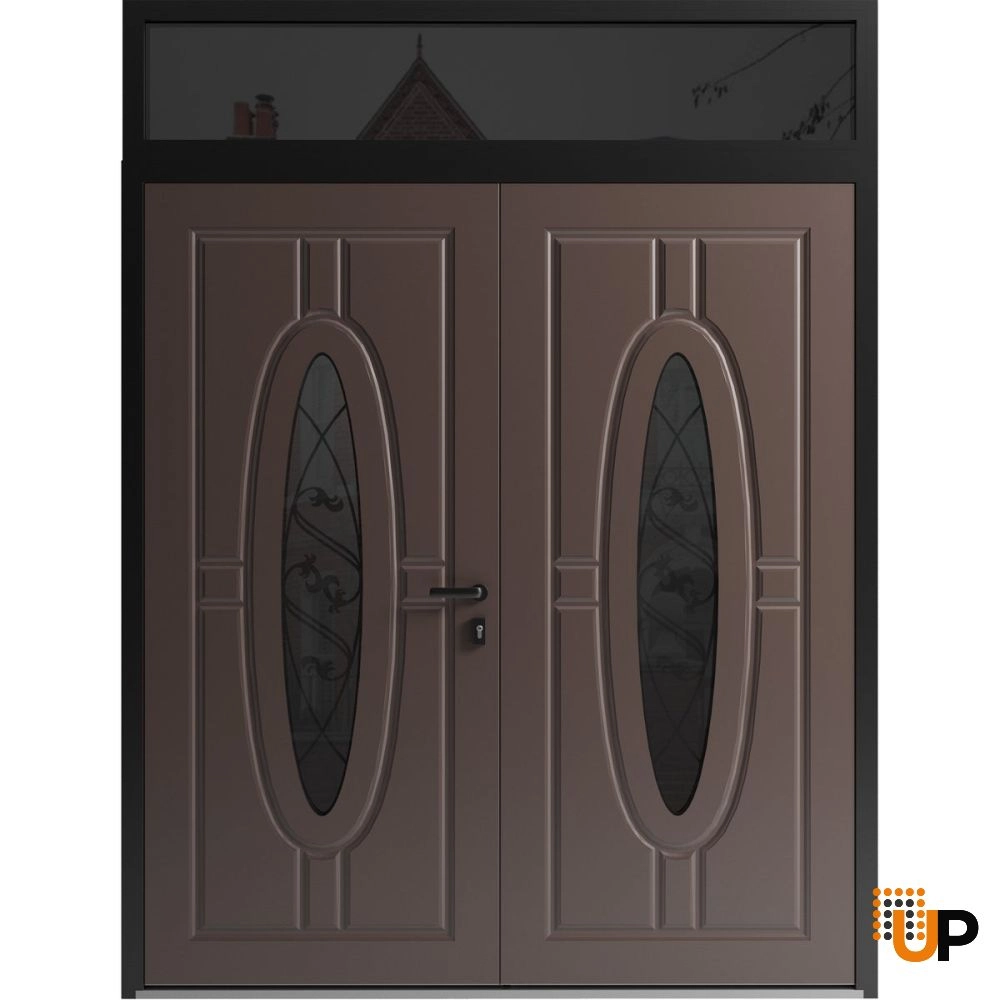 Double swing metal-aluminum modern exterior door with clear-mirrored glass | Ronex 1277 Red Oak | 72 x 108 (72 x 96+12) photo#1