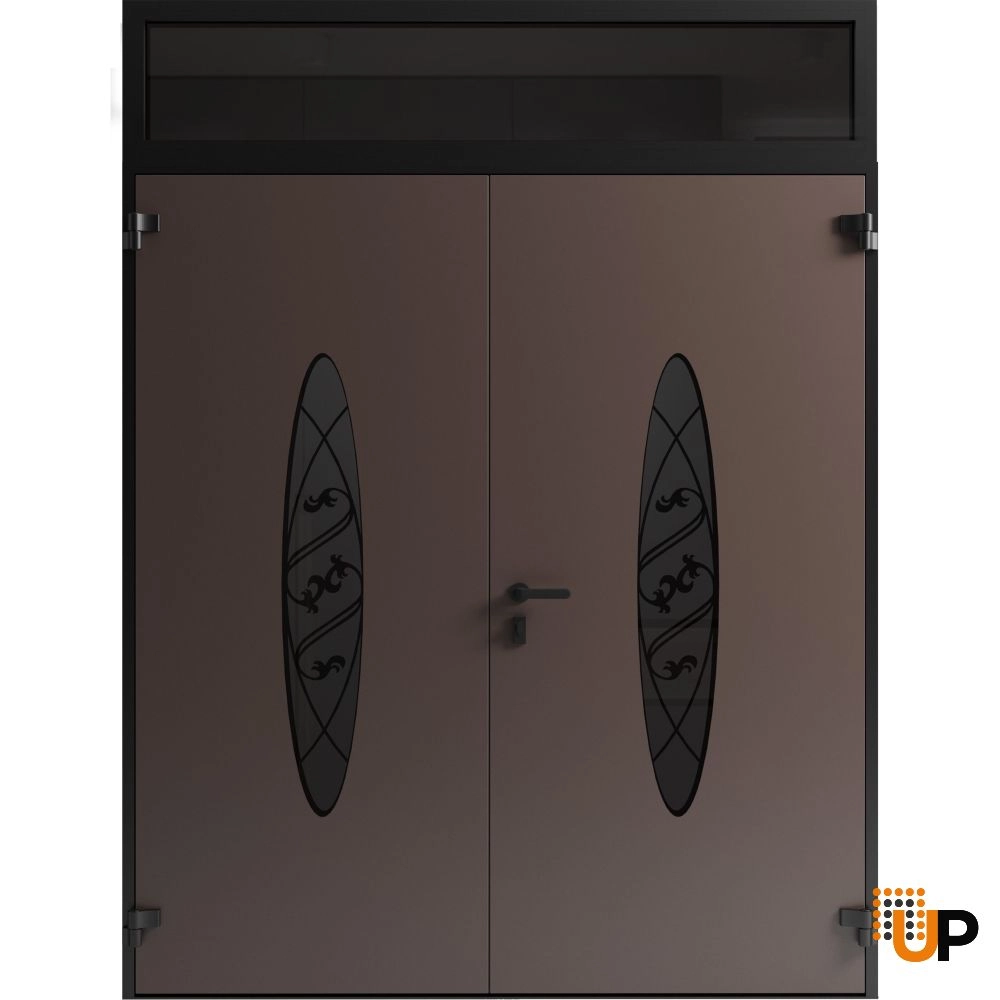 Double swing metal-aluminum modern exterior door with clear-mirrored glass | Ronex 1277 Red Oak | 72 x 112 (72 x 96+16) photo#2
