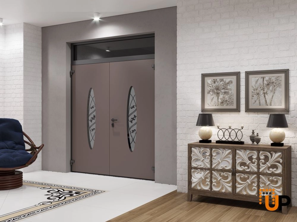 Double swing metal-aluminum modern exterior door with clear-mirrored glass | Ronex 1277 Red Oak | 72 x 112 (72 x 96+16) photo#4