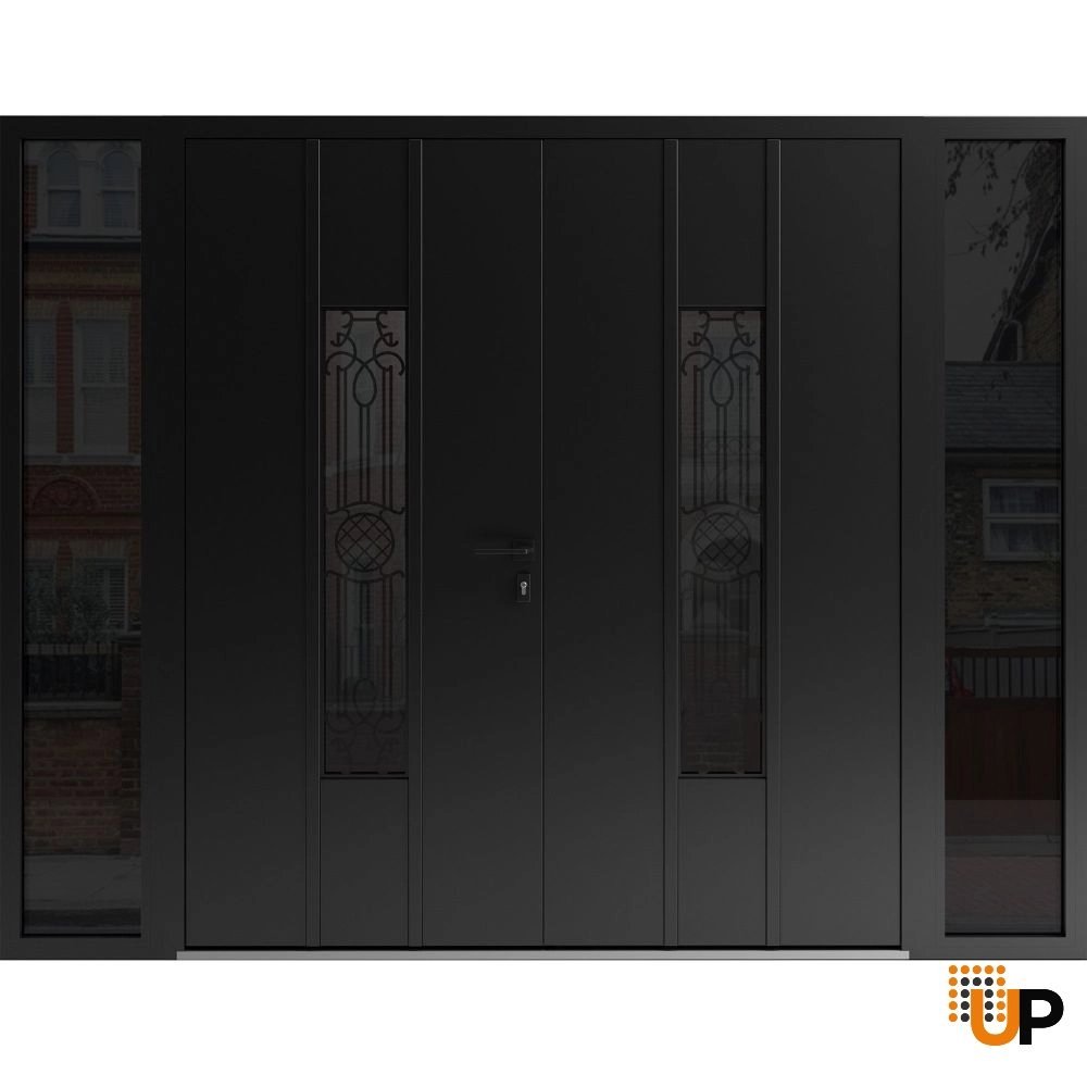 Double swing metal-aluminum modern exterior door with clear-mirrored glass | Ronex 1477 Black Enamel | 96 x 80 (12+72+12 x 80) photo#1