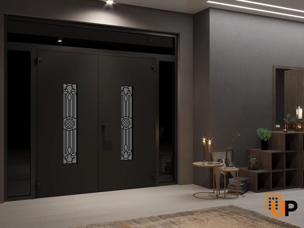 Double swing metal-aluminum modern exterior door with clear-mirrored glass | Ronex 1477 Black Enamel | 96 x 94 (12+72+12 x 80+14) photo#4