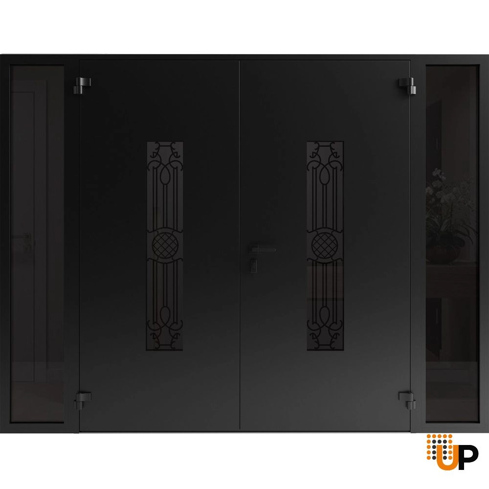Double swing metal-aluminum modern exterior door with clear-mirrored glass | Ronex 1477 Black Enamel | 100 x 80 (14+72+14 x 80) photo#2