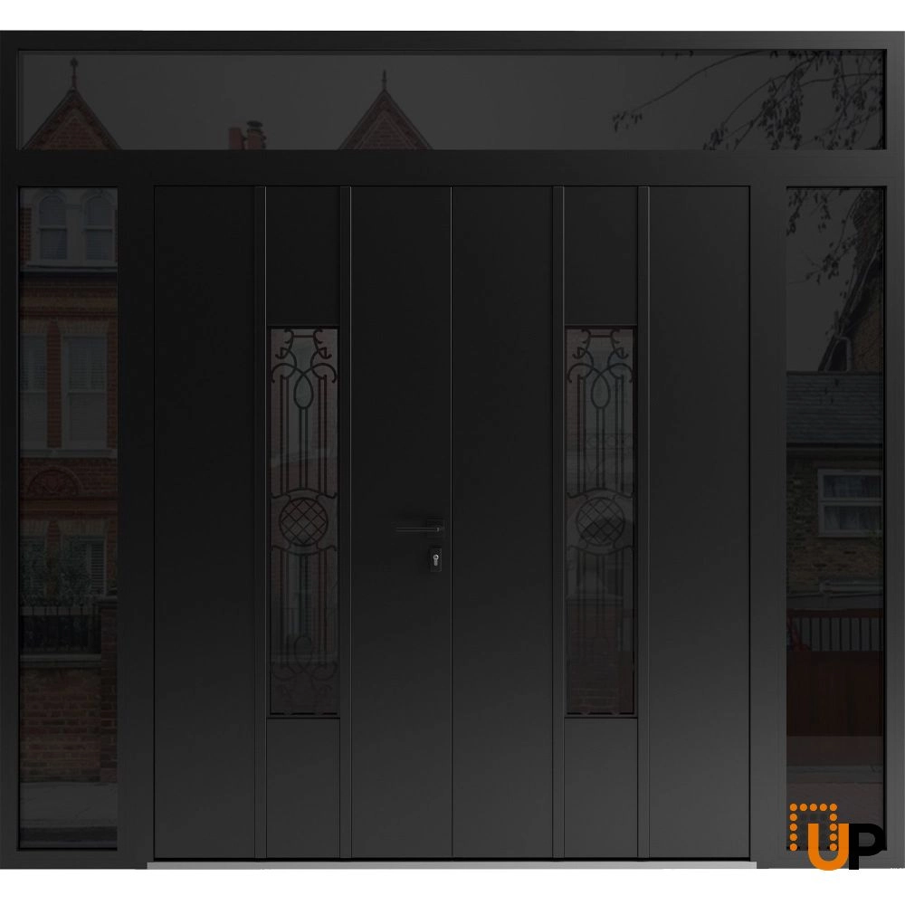 Double swing metal-aluminum modern exterior door with clear-mirrored glass | Ronex 1477 Black Enamel | 100 x 108 (14+72+14 x 96+12) photo#1