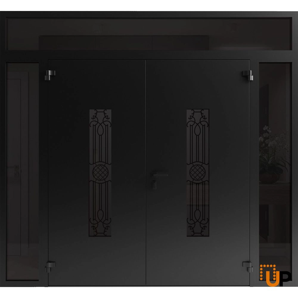 Double swing metal-aluminum modern exterior door with clear-mirrored glass | Ronex 1477 Black Enamel | 104 x 94 (16+72+16 x 80+14) photo#2