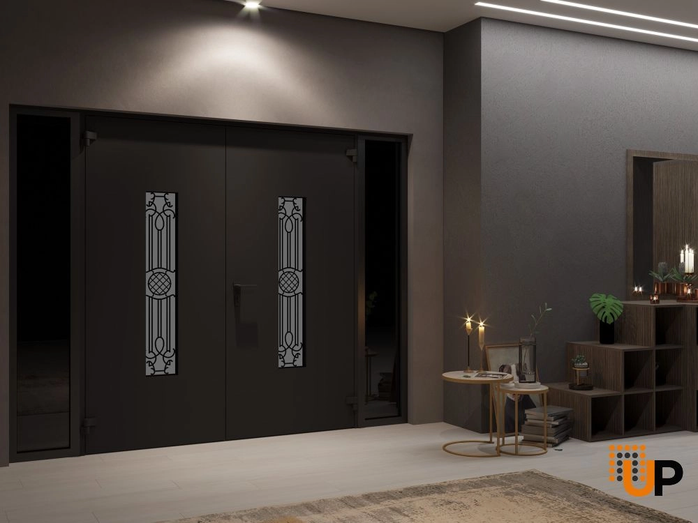 Double swing metal-aluminum modern exterior door with clear-mirrored glass | Ronex 1477 Black Enamel | 104 x 96 (16+72+16 x 96) photo#4