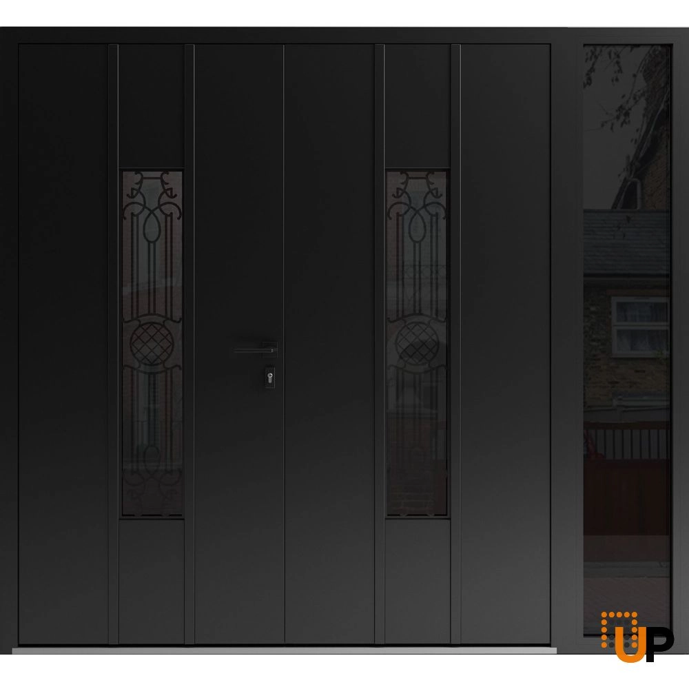 Double swing metal-aluminum modern exterior door with clear-mirrored glass | Ronex 1477 Black Enamel | 84 x 80 (72+12 x 80) photo#1