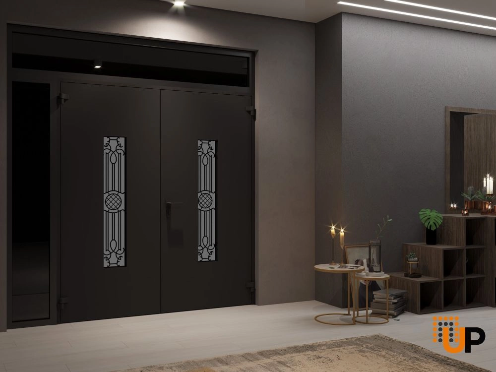 Double swing metal-aluminum modern exterior door with clear-mirrored glass | Ronex 1477 Black Enamel | 84 x 92 (72+12 x 80+12) photo#4