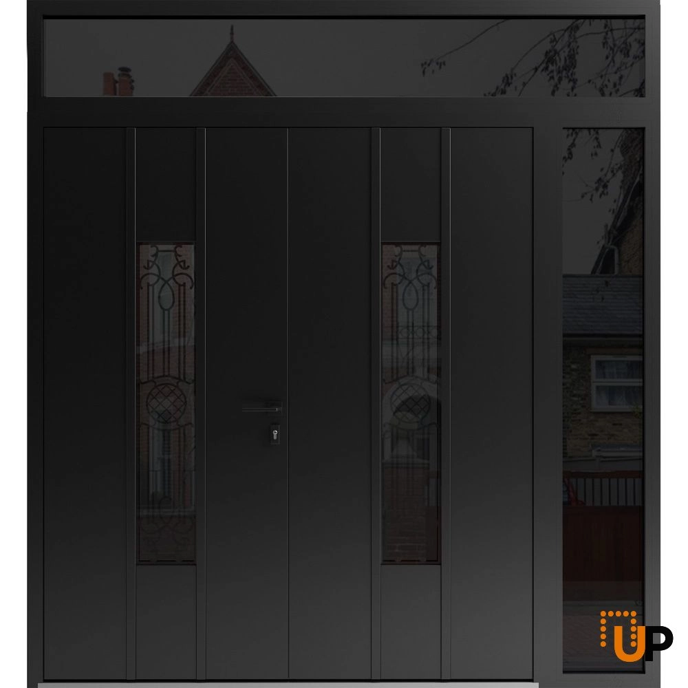 Double swing metal-aluminum modern exterior door with clear-mirrored glass | Ronex 1477 Black Enamel | 84 x 108 (72+12 x 96+12) photo#1