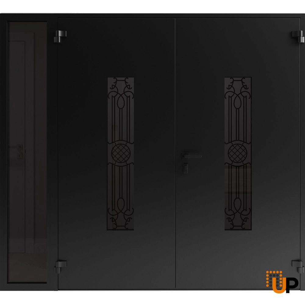 Double swing metal-aluminum modern exterior door with clear-mirrored glass | Ronex 1477 Black Enamel | 88 x 80 (72+16 x 80) photo#2