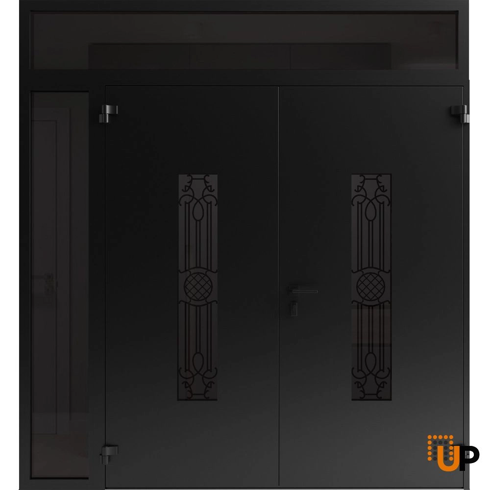 Double swing metal-aluminum modern exterior door with clear-mirrored glass | Ronex 1477 Black Enamel | 88 x 110 (72+16 x 96+14) photo#2