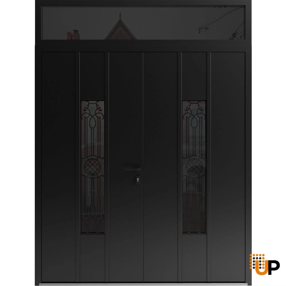 Double swing metal-aluminum modern exterior door with clear-mirrored glass | Ronex 1477 Black Enamel | 72 x 94 (72 x 80+14) photo#1