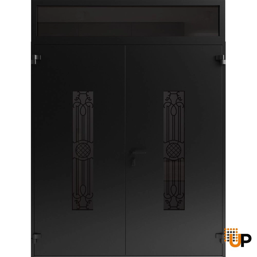 Double swing metal-aluminum modern exterior door with clear-mirrored glass | Ronex 1477 Black Enamel | 72 x 94 (72 x 80+14) photo#2