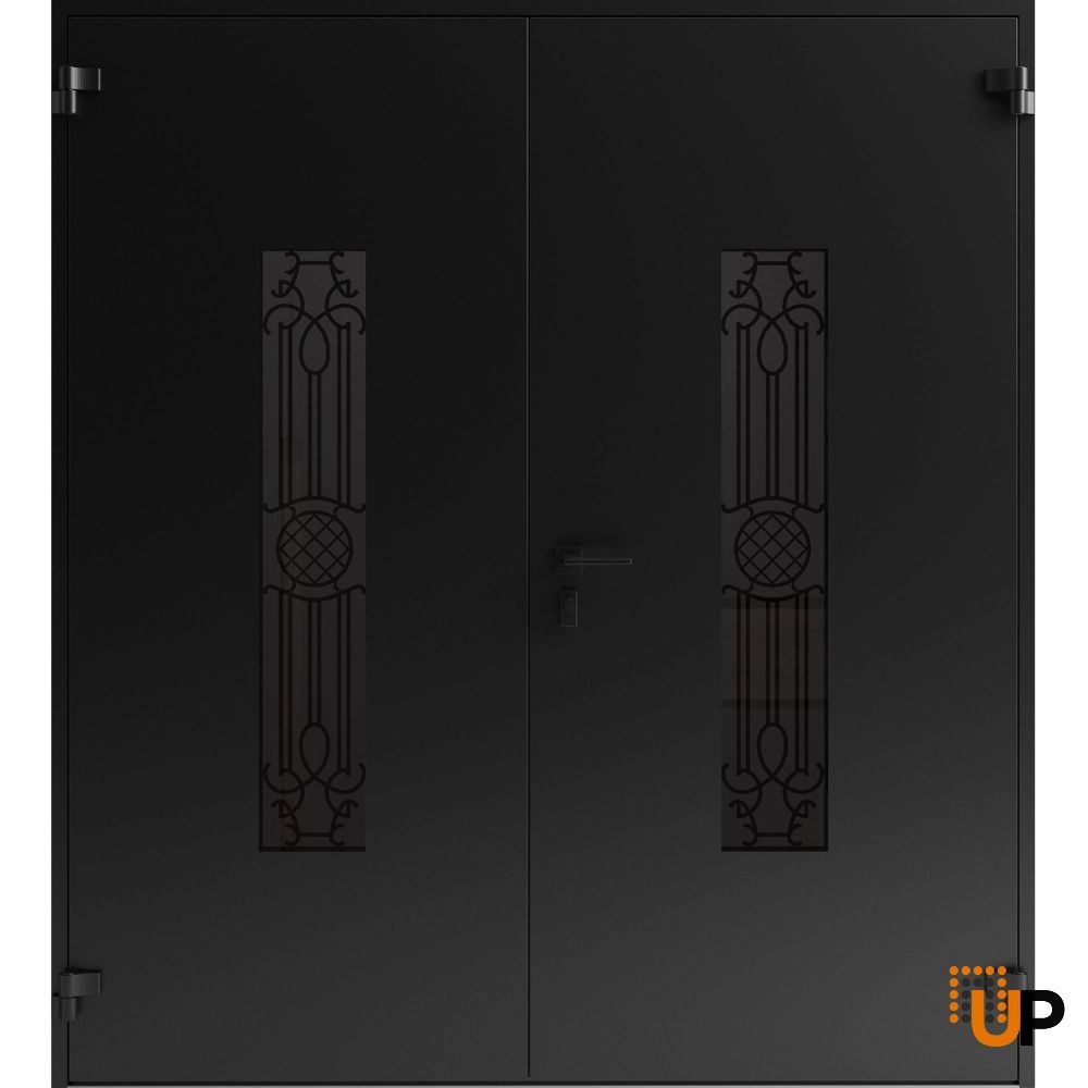 Double swing metal-aluminum modern exterior door with clear-mirrored glass | Ronex 1477 Black Enamel | 72 x 96 (72 x 96) photo#2