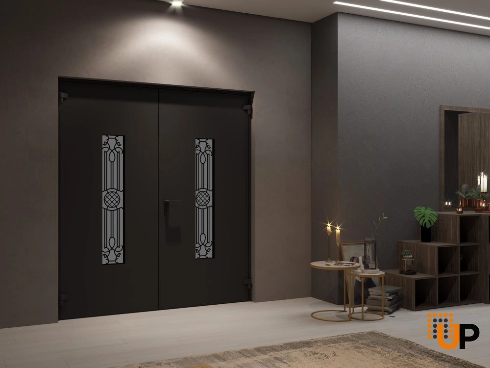Double swing metal-aluminum modern exterior door with clear-mirrored glass | Ronex 1477 Black Enamel | 72 x 96 (72 x 96) photo#4