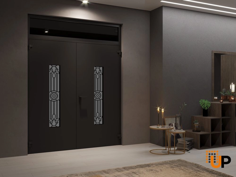 Double swing metal-aluminum modern exterior door with clear-mirrored glass | Ronex 1477 Black Enamel | 72 x 112 (72 x 96+16) photo#4