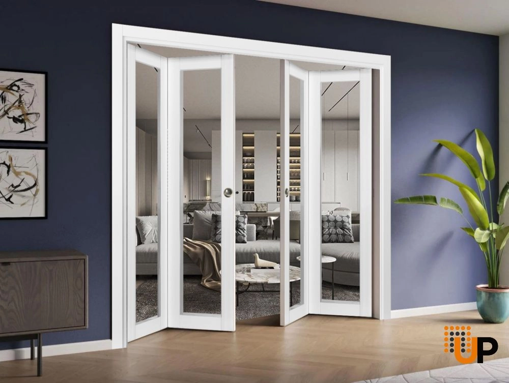 4 folding panels solid core sliding french interior bi-fold double door with clear glass | Lucia 2166 White | 72 x 80 (4* 18x80) photo#2
