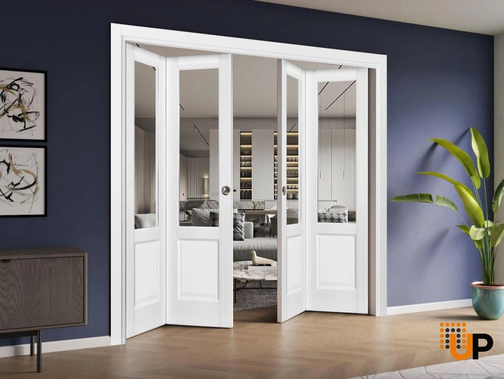 4 folding panels solid core sliding french interior bi-fold double door with clear glass | Lucia 1533 White | 72 x 80 (4* 18x80) photo#2