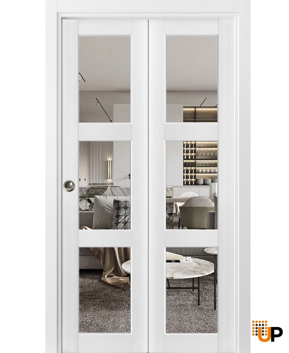 2 folding panels solid core sliding french interior bi-fold door with clear glass | Lucia 2555 White | 36 x 80 (2* 18x80) photo#1