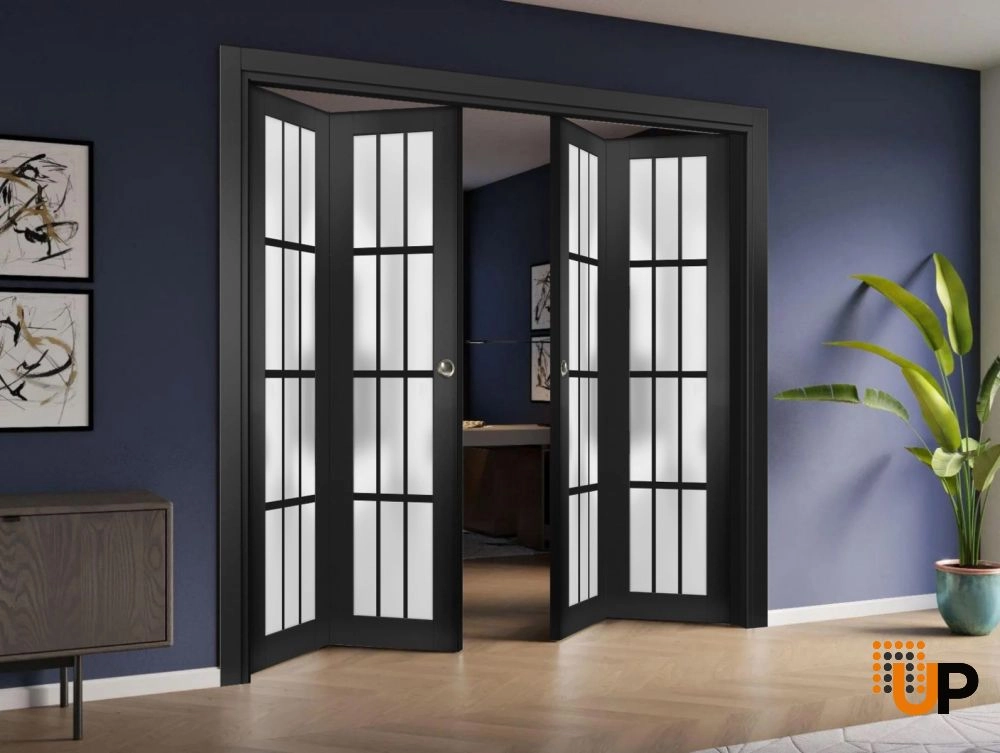 4 folding panels solid core sliding french interior bi-fold double door with frosted glass | Felicia 3312 Black Matte | 72 x 80 (4* 18x80) photo#2