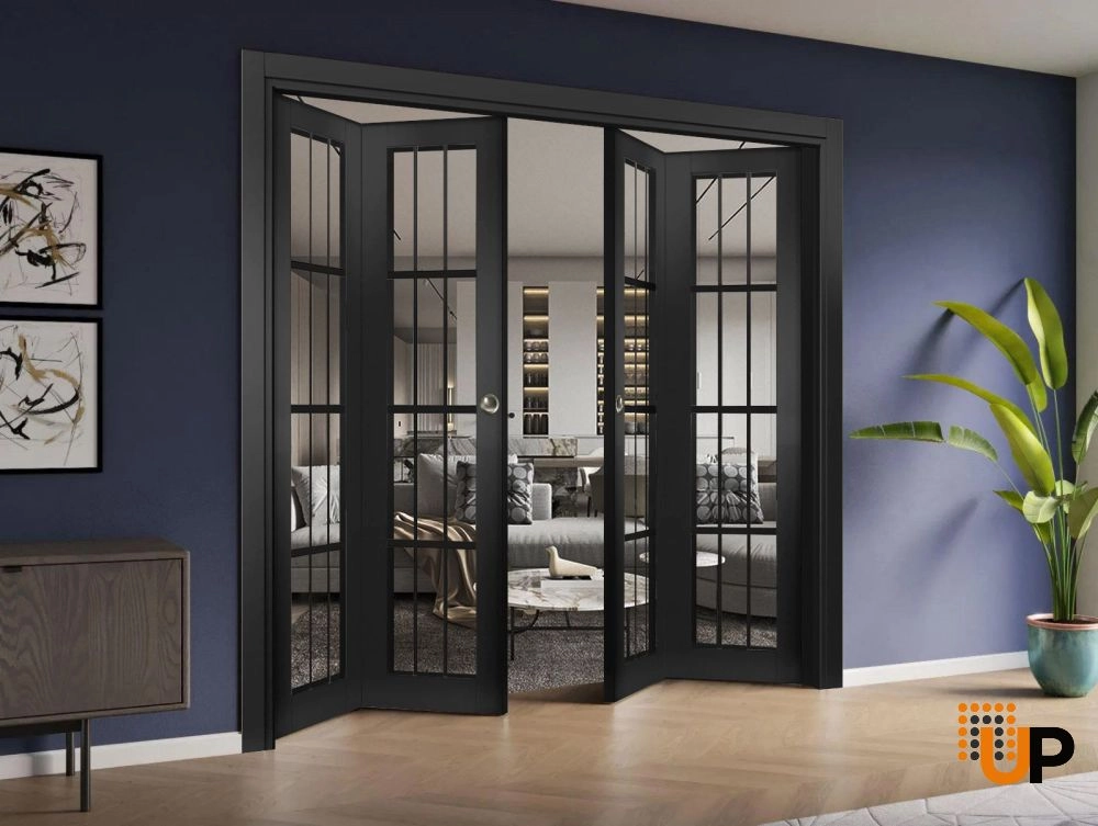 4 folding panels solid core sliding french interior bi-fold double door with clear glass | Felicia 3355 Black Matte | 72 x 80 (4* 18x80) photo#2